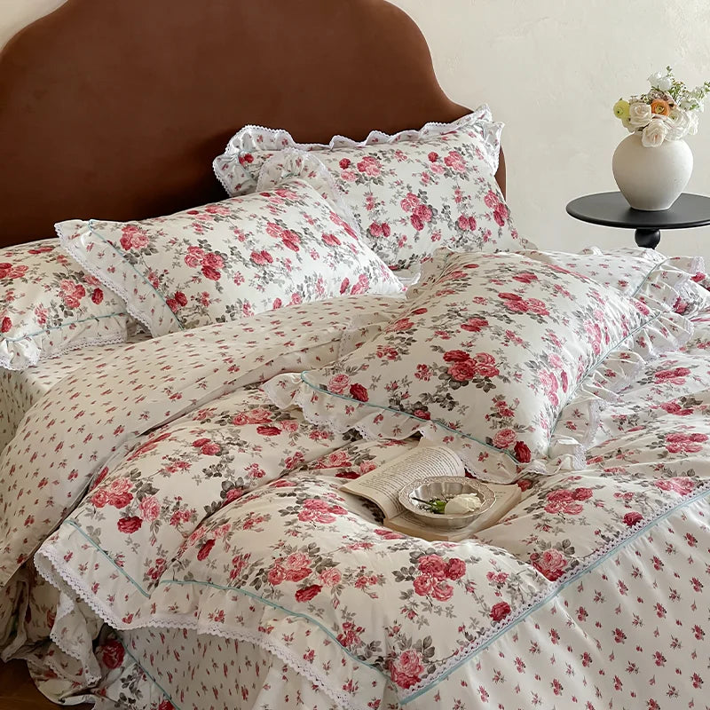 Cyflymder  Rustic Vintage French Rose Floral Ruffles 100% Cotton Bedding Set Duvet Cover Set Flat/Fitted Bed Sheet Pillowcases 4Pcs