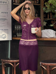 Cyflymder  Sheer Lace Patchwork Women Mid Skirt Set V Neck Short Sleeve Top Slim Sexy Single Breasted 2 Piece Clubwear Summer Outfit