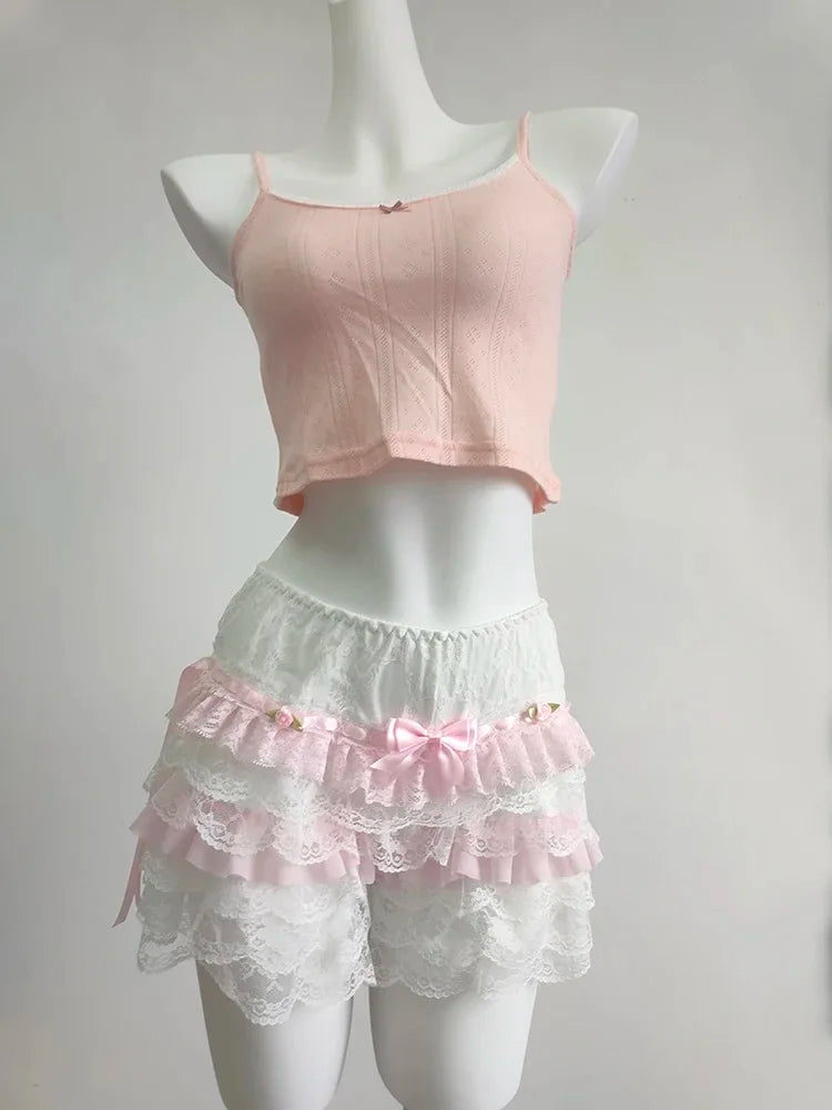 Cyflymder  Cute Shorts Women Summer Bow Decoration Pink Lace Patchwork Elastic Waist Lolita Multilayer Bottoming Shorts for Sweet Girls