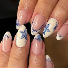 Cyflymder  Simple Halo Dyeing Blue Flowers Bowknot White French Nail Art Almond False Nails Detachable Finished Fake Nails Press on Nails