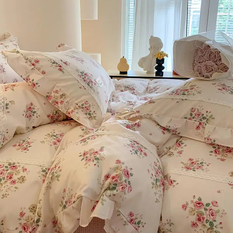 Cyflymder  100% Cotton Spring Garden Flowers Botanical Chic Ruffles Soft Comfortable Double Queen (1Duvet Cover+1Bed Sheet+2Pillowcases)