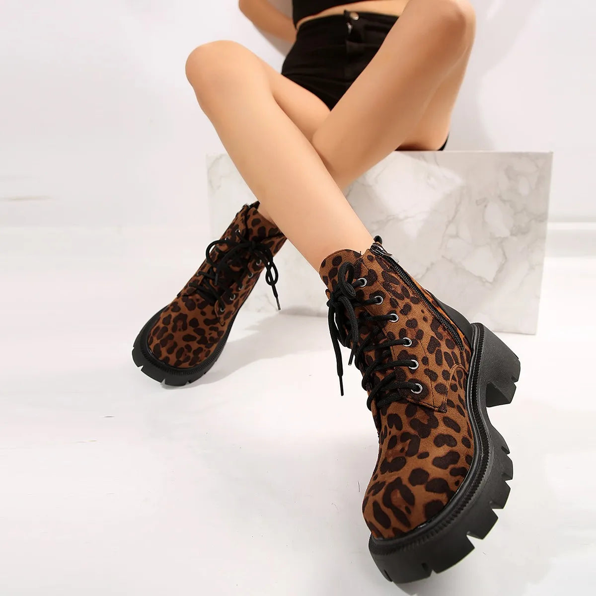 Cyflymder Sexy Leopard Ankle Boots for Women Autumn Winter Low Square Heels Plus Size 43 Short Booties Shoes Woman Motorcycle Boots