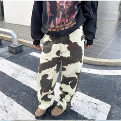 Cyflymder  Women High Waisted Straight Leg Pants Vintage Streetwear Casual Trousers with Cow Print Tie Dye Pattern