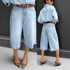 Cyflymder   Women's Jeans Cotton Washed Mid Waist Denim Pants Wide Leg Light Wash High Waisted Denim Trousers Button Fly Cropped Length
