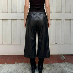 Cyflymder   Women's Black Faux Leather Wide Leg Culotte Pants Low Waisted With Drawstring Punk Loose Fit Autumn Winter Streetwear Style Chic