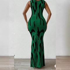 Cyflymder  Women Slim Wrap Hip Dresses Geometry Print Sleeveless V Neck Stretch Dress Female Commuter Daily Casual Party Floor Length Gown