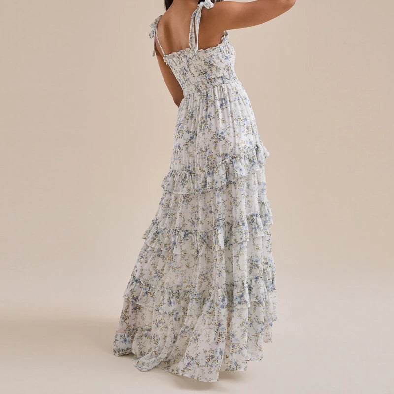 Cyflymder  Floral Tie Shoulder Maxi Dress for Women Y2k Spaghetti Strap Ruffles Flowy Long Dress Ladies Summer Boho Beach A-line Sundress