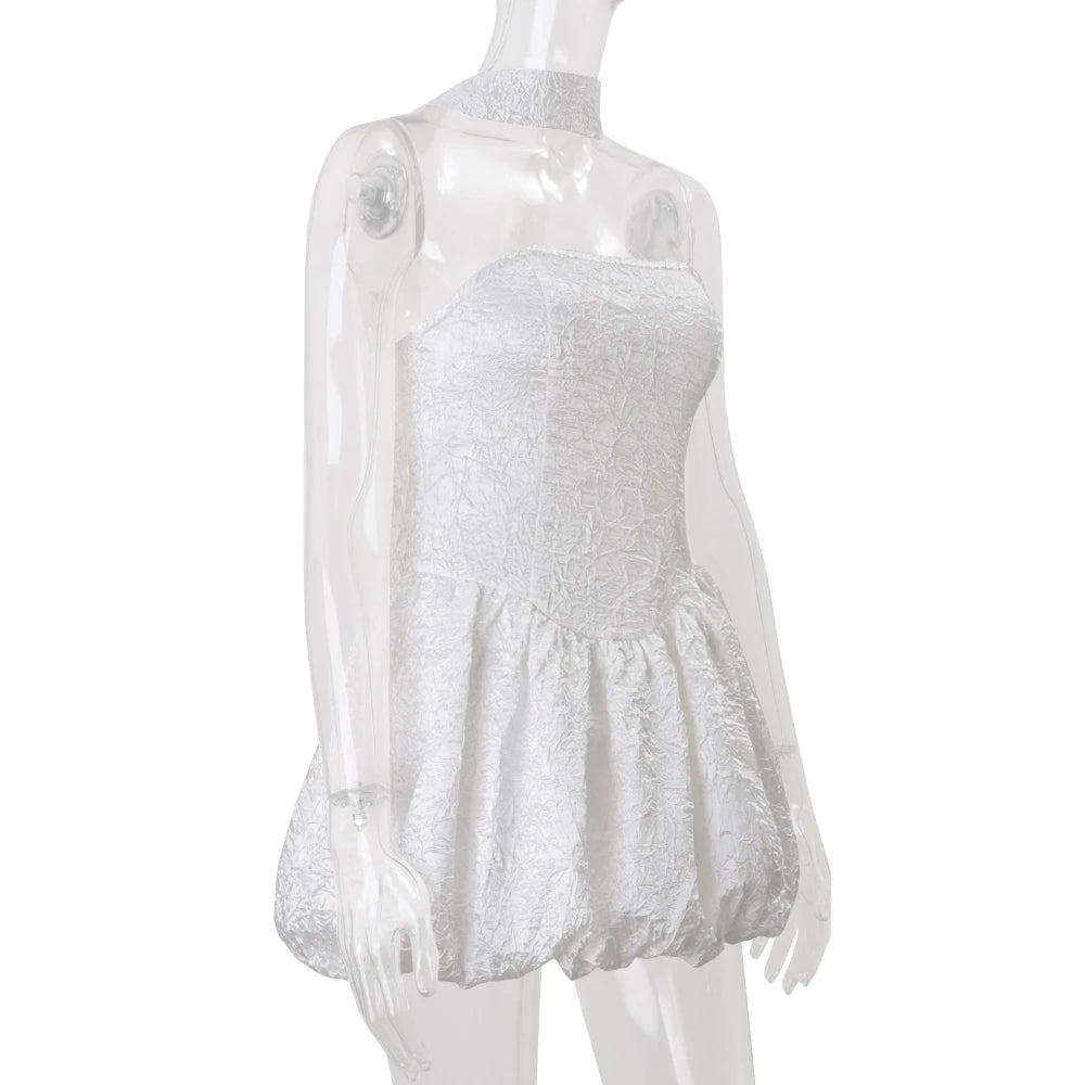 Cyflymder  French Sexy Patchwork Folds Dress for Women Strapless Sleeveless Tunic Fashionable Puff Dresses with Ribbon Female