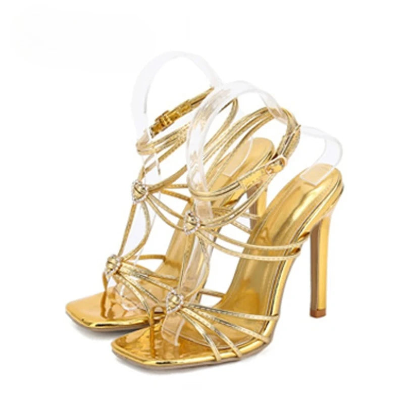Cyflymder   Summer Blue Denim Sandals Women Elegant Square Toe Party Wedding High Heels Crystal Buckle Narrow Band Female Dress Shoes