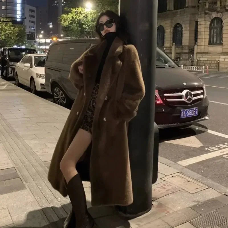 Cyflymder Winter Women Faux Fur Coat pink black Imitation Mink Fur Jacket Turn-down Thick Keep Warm Long Fashion Overcoat