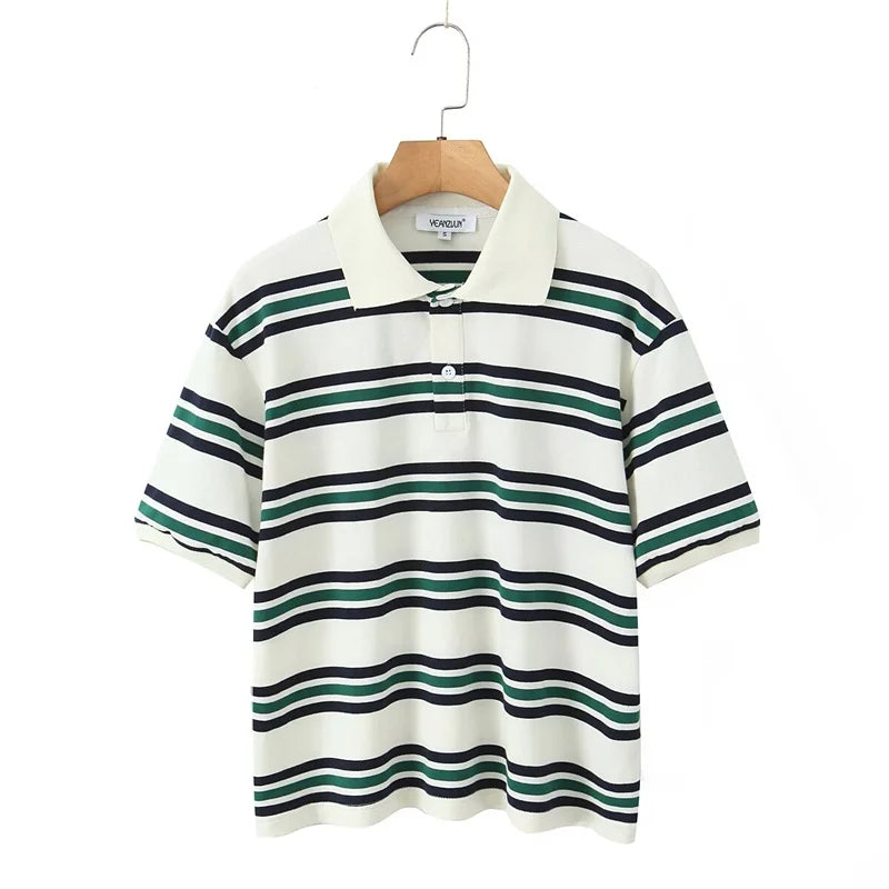 Cyflymder  Loose Fits Casual Street Sle T-irt  Collar Contrast Color Versatile Lazy Sli Top American Retro Striped