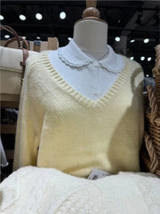 Cyflymder  Yellow Sweater Woman Spring Casual Sweet V-neck Long Sleeve Knitted Pullover Cute Simple Preppy Style Sweaters Chic Y2k Jumpers