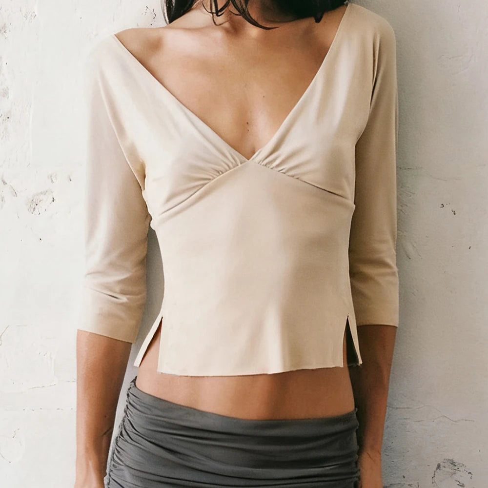 Cyflymder  Sexy V-Neck T-shirts Women Tops Summer 3/4 Sleeve Slit Solid Pullover Slim-Fit Chic High-Street Female Commute Tees Tops
