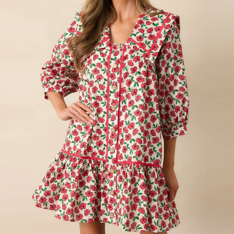 Cyflymder  Women Boho Floral A-line Short Dress Vintage Puff Sleeve Flowy Babydoll Dress Smocked Shirt Dresses Bohemian Mini Sundress