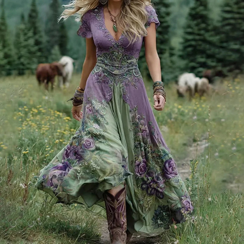 Cyflymder  Lady Fashion Flower Print Bohemian Dress Casual Hight Waist Slim Long Party Dress Summer Elegant V-neck Short Sleeve Swing Dress