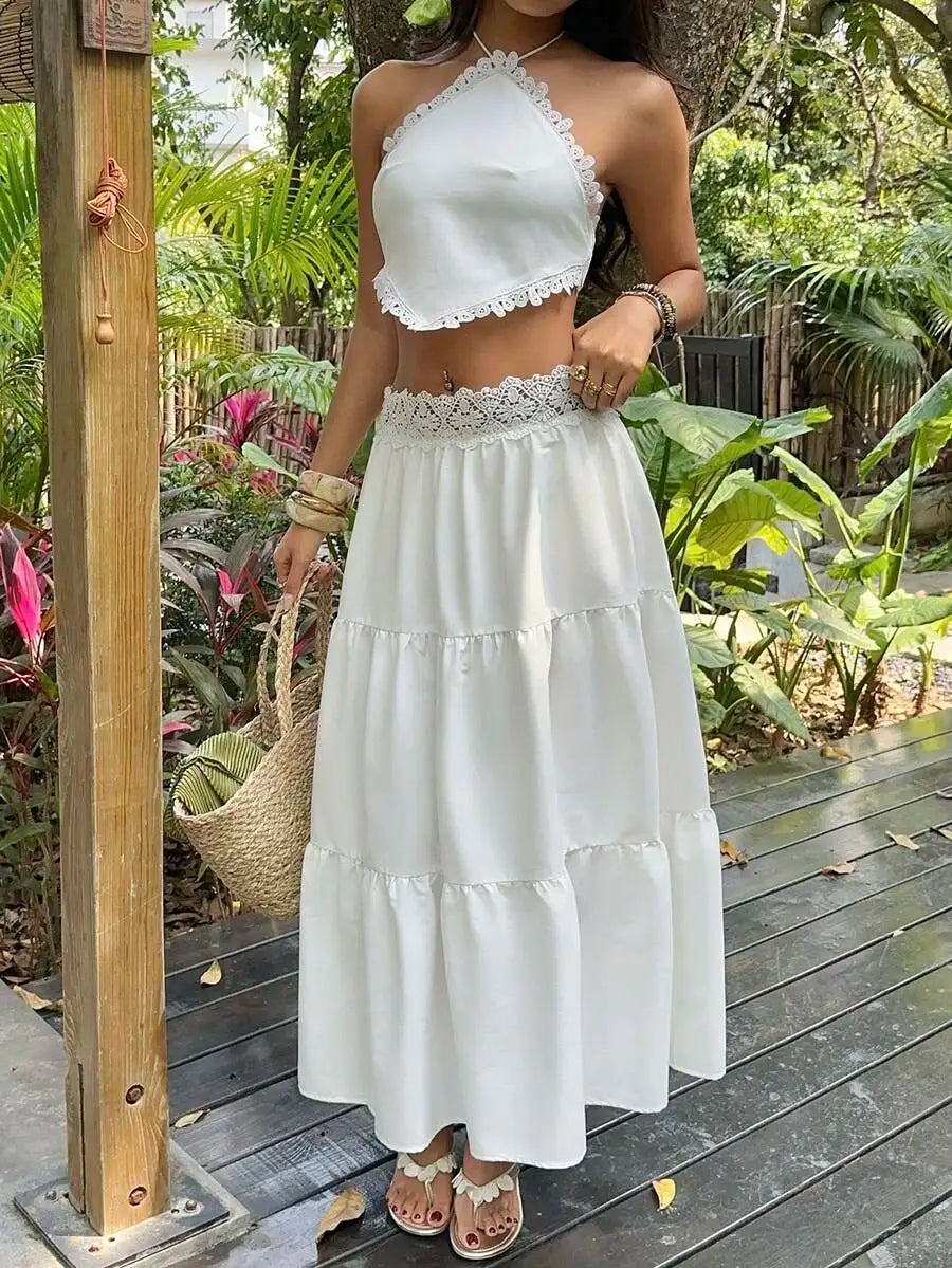 Cyflymder  Women Stylish Summer Two Piece Set Lace Trim Cami Top And Tiered Maxi Skirt Boho Female Versatile Date Vacation Party Beachwear
