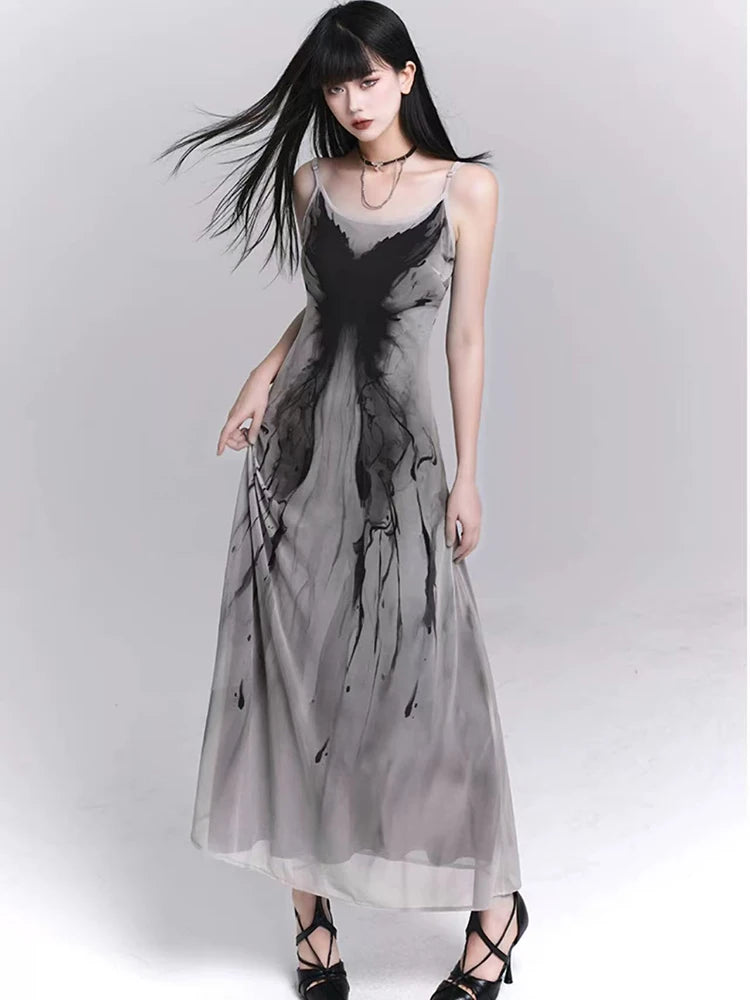 Cyflymder  Retro Ink Butterfly Tie Dye Camis Dress Women Summer Slim Sleeveless Midi Dress Y2K Korean Sweet Mesh Spaghetti Straps Vestidos