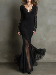 Cyflymder  Sexy Mesh Sheer Women's Lace Party Dress Deep V-Neck Long Sleeve High Waist Bodycon Dress Elegant Cocktail Fishtail Maxi Dresses