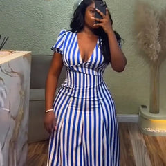 Cyflymder  Women Striped Printed V-Neck Dress Short Sleeve Elegant Slim Casual Vacation Streertwear Vintage Long Dress Summer Dresses