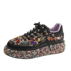 Cyflymder   NEW Women Skate Shoes Platform Mid-heel Casual Sneakers Lace-up All-match Beaded Women Tennis Rhinestone Fashionable Women Shoes