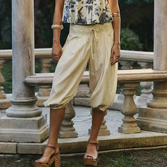 Cyflymder  Womens Wide Leg Pants Summer Baggy Harem Pants Palazzo Casual Loose Drawstring Waist Balloon Capri with Pockets
