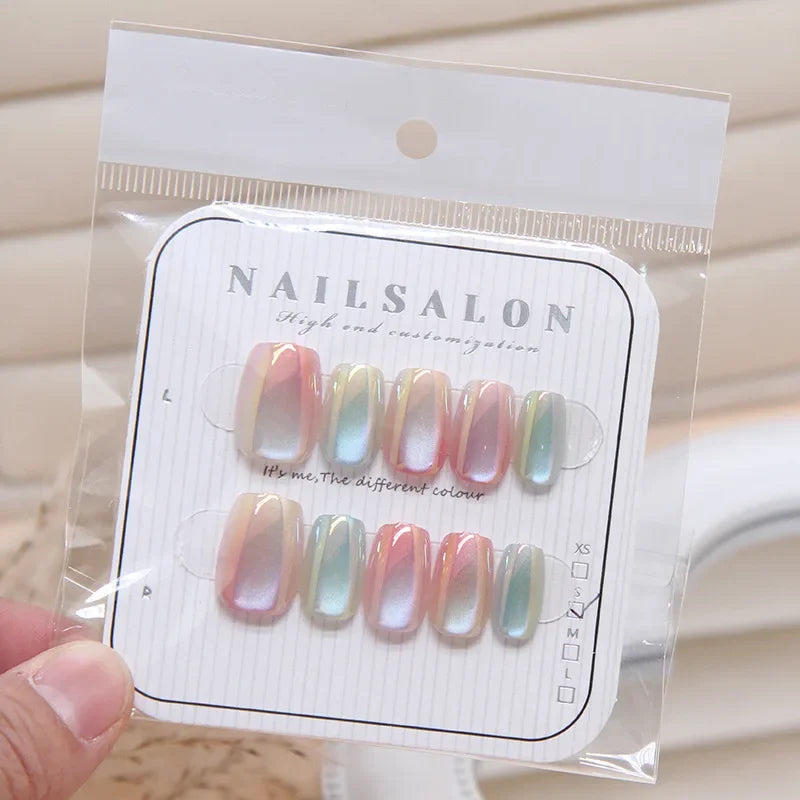Cyflymder  10Pcs Candy Color Gradient Press Fake Nails Full Cover Cat Magnetic Design French Almond Fake Nails Wearable Manicure Nail Tips