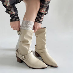 Cyflymder  Autumn Winter Women Western Cowboy Boots Vintage Slip On Thick Heel Shoes Ladies Mid Calf Botas Zapatos De Mujer
