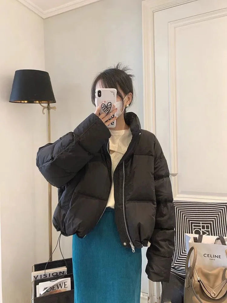 Cyflymder Fashion Zipper Cropped Jacket Women Winter Warm Casual Loose Puff Cotton Coats Streetwear Korean Drawstring Padded Outerwears