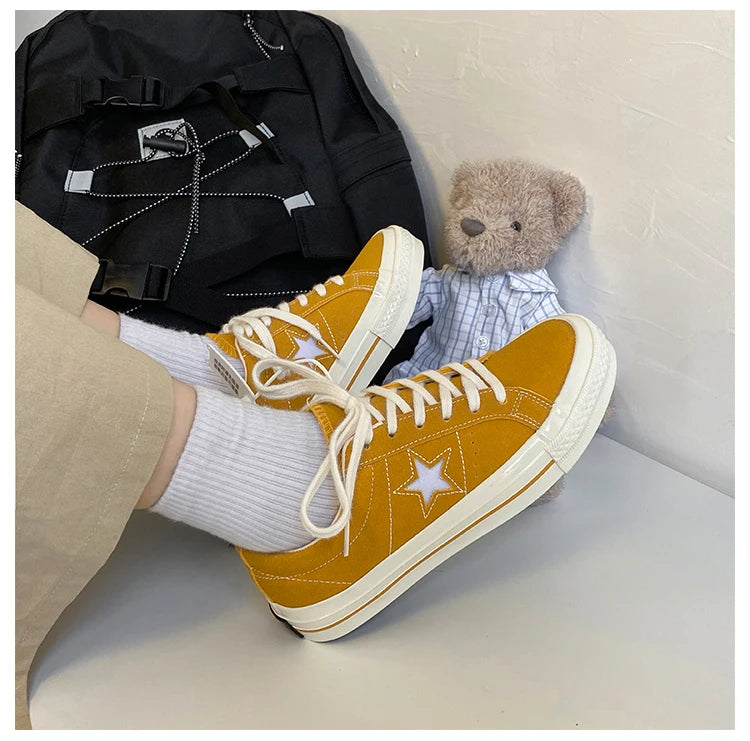 Cyflymder  Retro Star Canvas oes Women's Versatile Little Dir oes INS Skateboard oes Hong Kong Sle Ulzzang Trendy Student Whit...