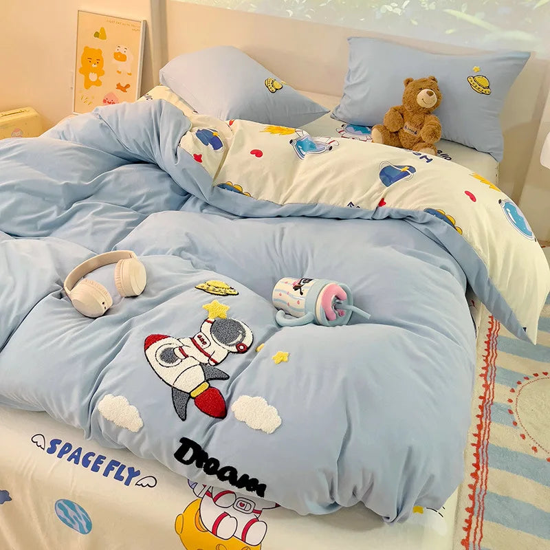 Cyflymder  Cartoon Printed Cloud Cotton Bedding Soft Set Sweet Washed Skin-Friendly Bedclothes Sets Single Textile Supplies for All Seasons