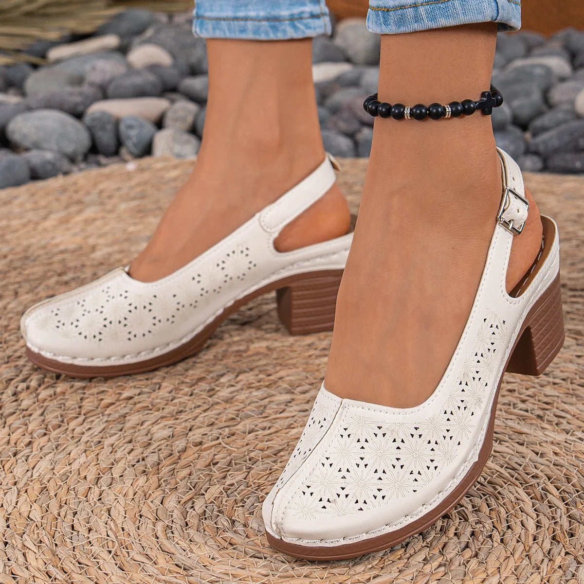 Cyflymder  Summer New Women High Heel Sandals Comfortable Rubber Sole Shoes Large Size 43 Roman Style Round Toe PU Leather Slip-On Sandals