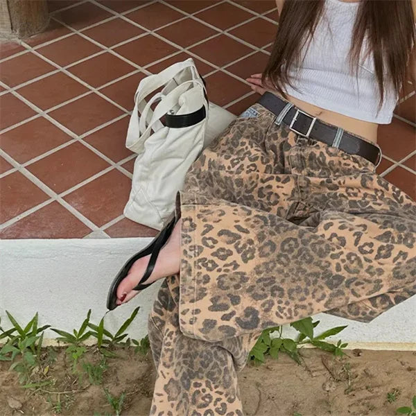 Cyflymder  Retro Splicing High Waist plus Size Slimming Leopard Print Design Casual Sle Women's Jeans Autumn New Arrival