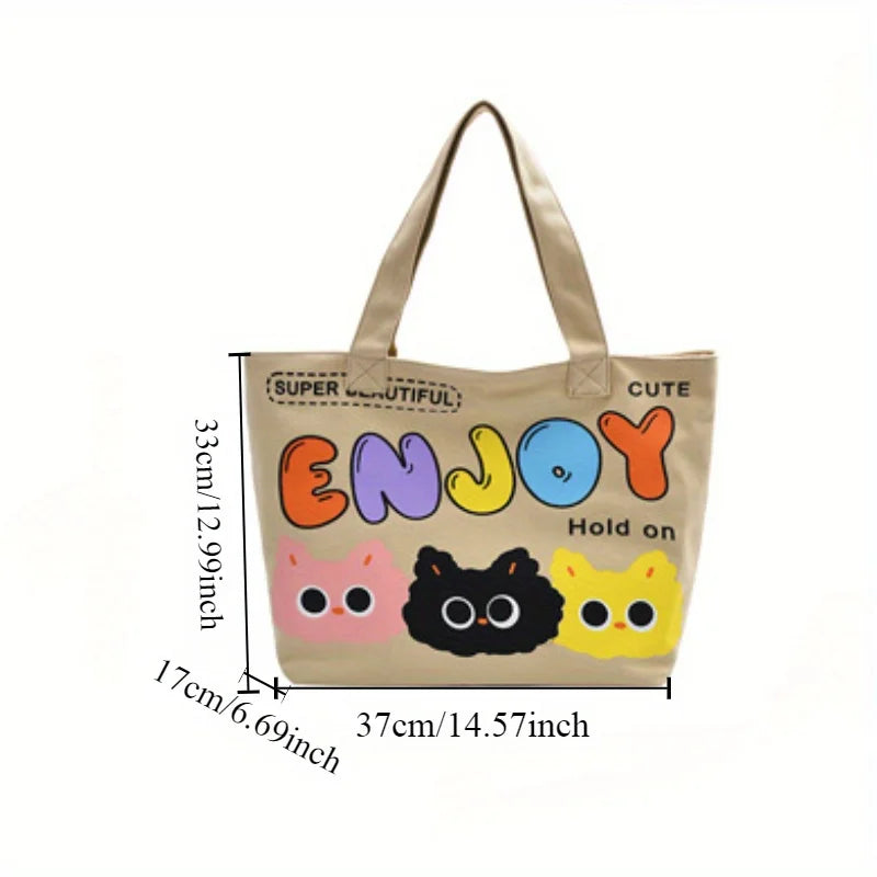 Cyflymder  Letter Printed Tote Bag, Cute Cartoon Canvas Handbag Shoulder Bag, Large Capacity Shopping Bag, Campus Computer School Book Bag