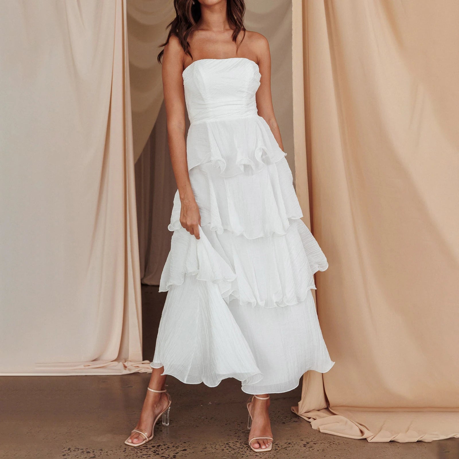 Cyflymder  Ruffled Tube Top Long Dress for Women Summer Solid Color Backless Strapless Sleeveless Tiered Cake Dress