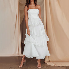 Cyflymder  Ruffled Tube Top Long Dress for Women Summer Solid Color Backless Strapless Sleeveless Tiered Cake Dress