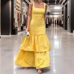 Cyflymder  Elegant Sleeveless Square Collar Dress with Lace Hem for Women Fashionable Party Long Gown Ladylike Style Cross-Border Design
