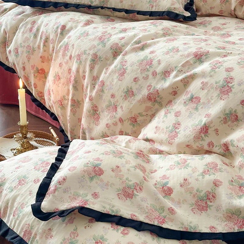Cyflymder  Korean Princess Floral Ruffles 100% Cotton Double Layer Yarn Soft Bedding Set Single Queen King Duvet Cover Bed Sheet Pillowcase