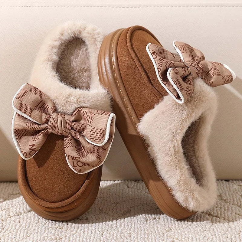 Cyflymder Women's Warm Home Slippers Cute Autumn Winter Bow Thick Plush Non-Slip Leisure Shoes Soft Bedroom Platform Flat Slides