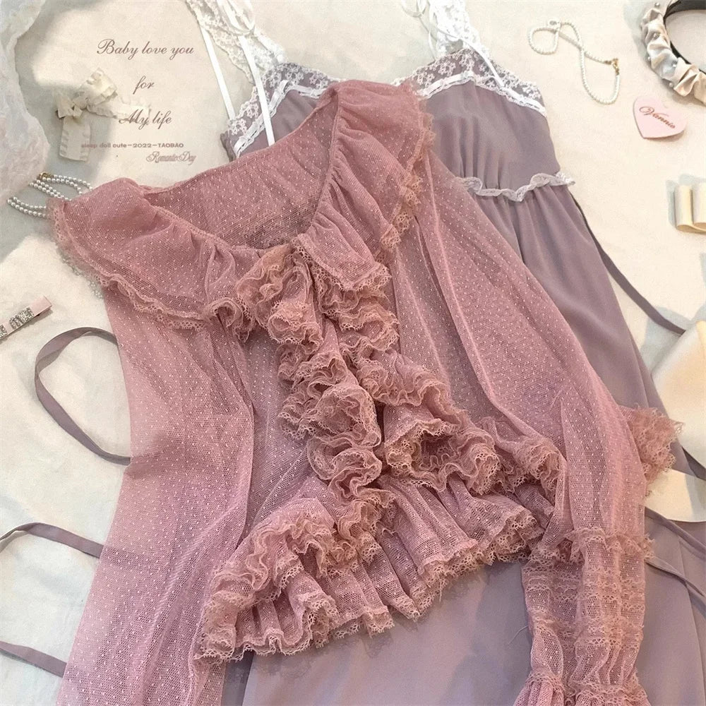 Cyflymder  See Through Long Sleeve Japanese Shrugs Autumn Mesh Ruffle Sweet Cropped Jacket Thin Air Conditioning Shirt Short Sun Protection