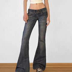 Cyflymder  American Retro Low Waisted Washed Jeans Women Streetwear Y2K Slim Fit Flared Pants Mujer Fashion Button Pockets Denim Trousers
