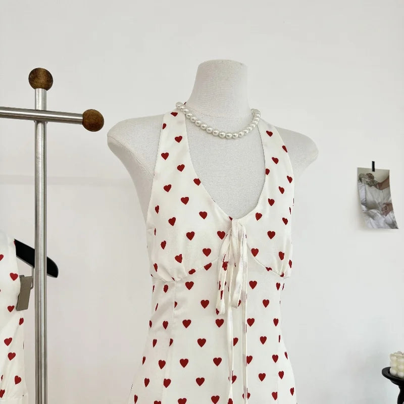 Cyflymder  French Elegant Heart Dot Long Dresses Sweet Slim Neck-mounted Summer Vacation Clothing Women Vintage Sexy Evening Party Dress