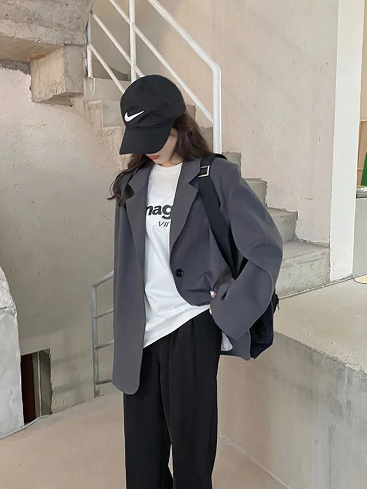 Cyflymder  Harajuku Grey Blazer Coat Women Korean Loose Single Buttons Jacket Preppy Style Casual Long Sleeve Lady Simple Spring Coat
