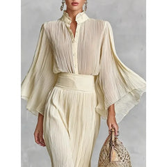 Cyflymder  Apricot Women's Suit 2026 Spring New Ruffles Neck Flare Sleeve Tops High Waist Folds Slit Mermaid Skirt Sets 196198