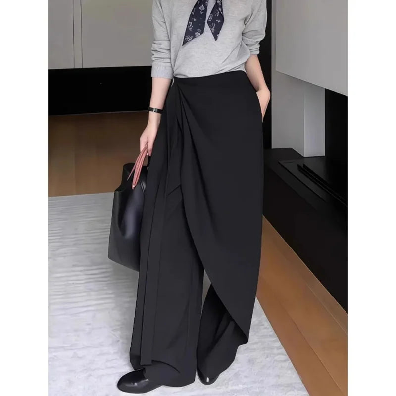 Cyflymder  Fall Fashion Asymmetrical Lace Up Pants Women High Waist Divided Skirt Versatile Office Lady Trousers Black Wide Leg Pants 695A