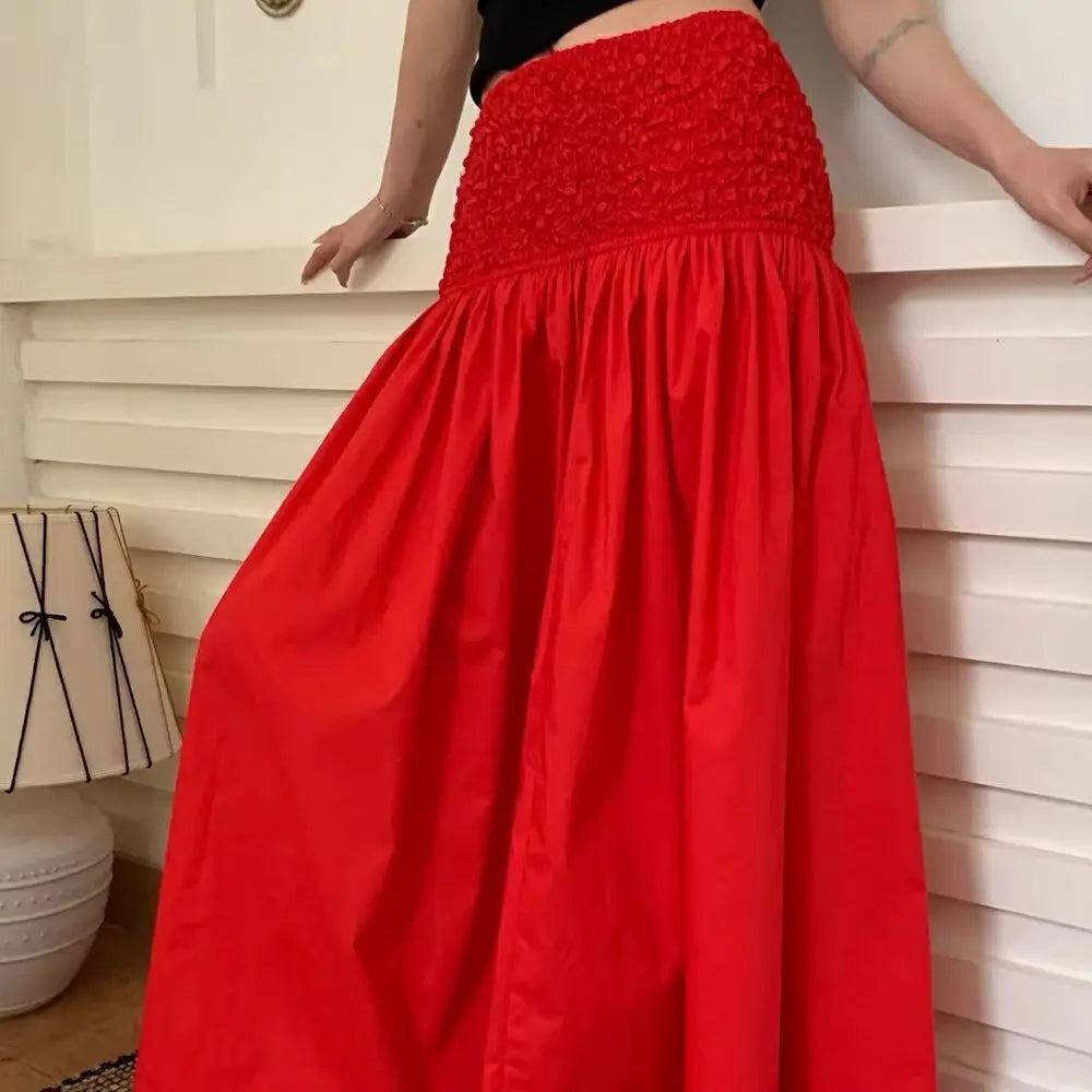 Cyflymder  New French Retro Temperament Red High Waist A Word Skirt Women's Long Skirt