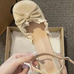 Cyflymder  French-style Bow Lady Mary Jane Shoes - Spring/Summer Fashionable Open-toe High Heels with Lace Trim, Sweet Style, Single Shoe