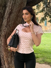 Cyflymder  Women's Pink Polka Dot Cut Out Neck Crop Shirt Elegant Short Sleeve Ruched Fitted Blouse Ladies Office Daily Streetwear Top