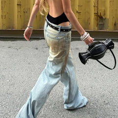 Cyflymder   Vintage Washed Distressed Straight-Leg Jeans Women's Low Waisted Denim Pant Y2K Streetwear Trousers Casual Loose Outfit