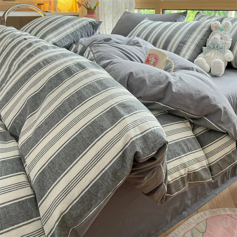 Cyflymder  Class A 100% Cotton Striped Bedding Sets Yarn Dyed Washed Cotton Breathable Duvet Cover Kit Single Bedclothes for All Seasons