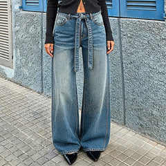 Cyflymder  Y2K Rhinestone Jeans High-Waisted Ombre Gradient Wide Leg Denim Pants with Sashes All-Over Sparkle Detail Trouser 90s Streetwear